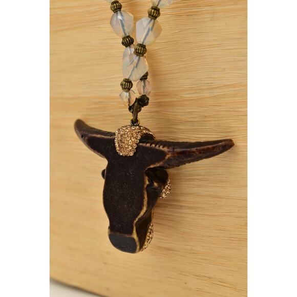 Vintage Crystal Bull Horn Necklace Pendant Iridescent Glass Beaded Chunky Bin6B - Picture 10 of 11